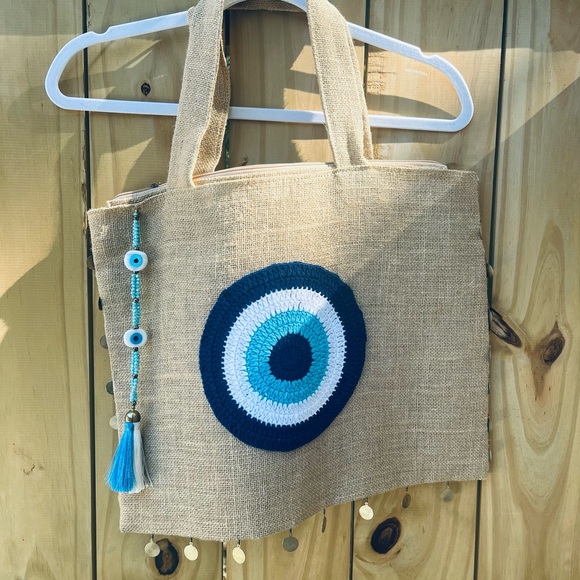 Greek Evil Eye Jute Shoulder Bag - Picture 2 of 6
